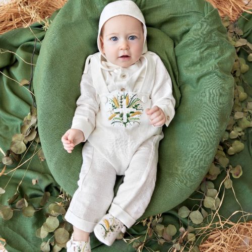 Baptism set with hand embroidery "Botanical green cross with wheat"